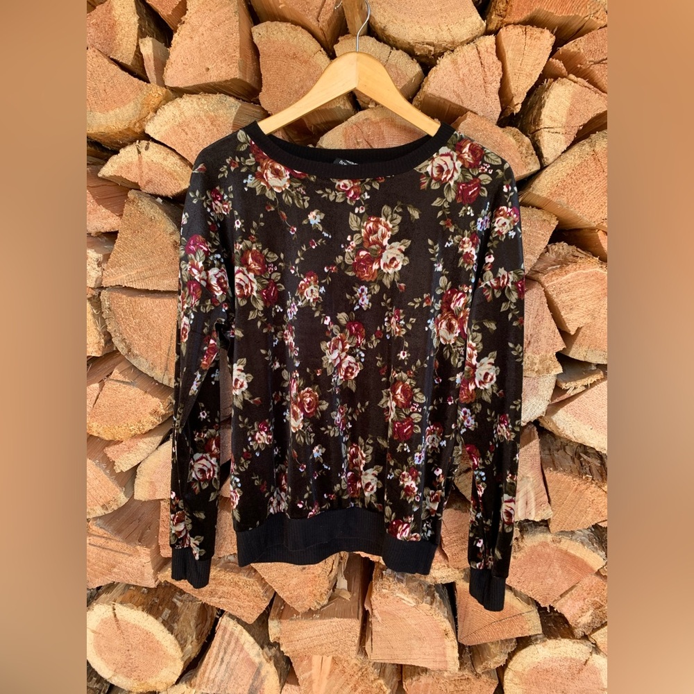 Velvet Floral Black Crew Neck Sweater Streetwear Cottage Women’s Small Y2K Retro